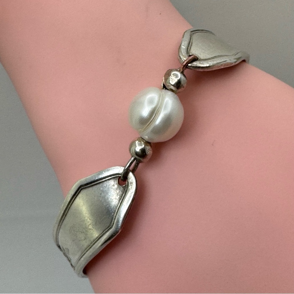 Silver Plated Spoon Bracelet w Freshwater Pearl Vintage Style Cuff